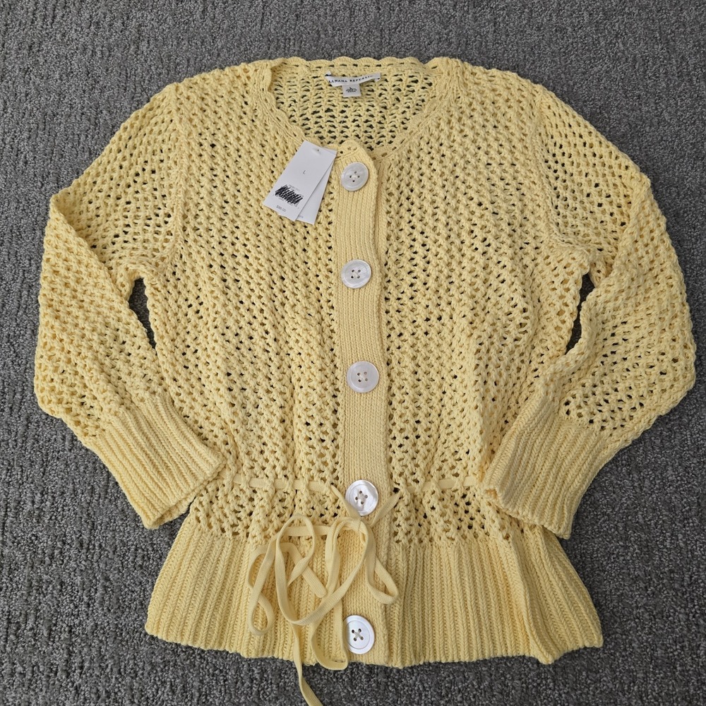 Banana Republic L Yellow Crochet Cardigan Drawstring Waist Cotton Y2K NWT